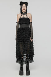 Robe Punk Femme Noire à Manches Longues à Volants en Dentelle avec Col Halter